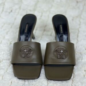 VERSACE La Medusa Slides Sandals 37 Heel Mules Camo Shoes